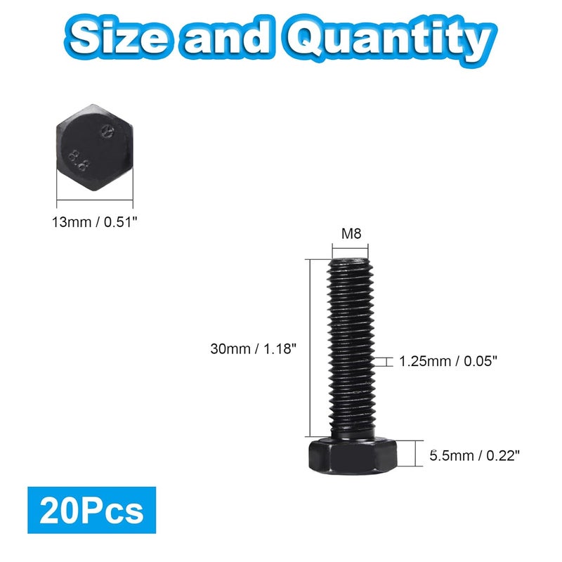 Yinpecly M8 Hex Bolts, M8-1.25 x 30mm Hex Head Bolts, Carbon Steel Grade 8.8, Black Oxide Finish, Full Thread,Metric Hexagon Head Bolts Right Hand External Hex Drive, 20 PCS - Image 2